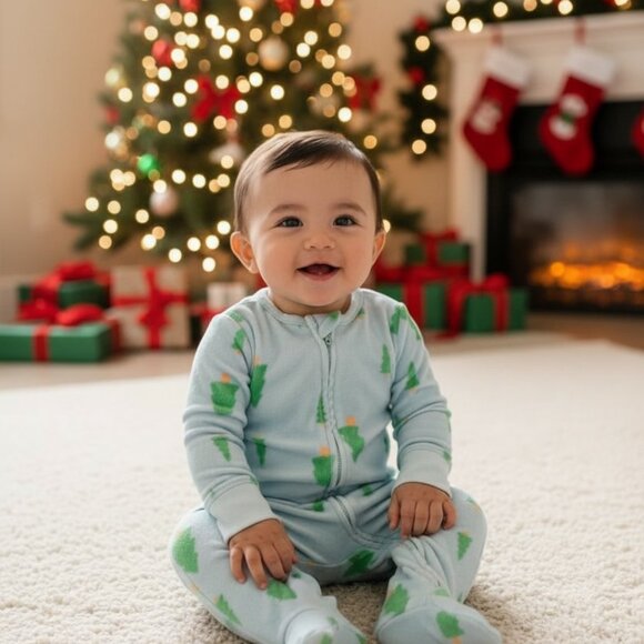 Old Navy Fleece Christmas Tree Sleeper 6 9 Months Blue Zip Up - Picture 5 of 5